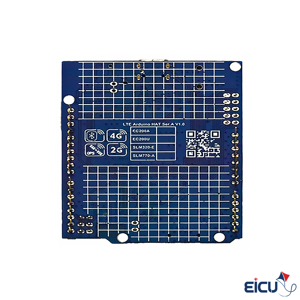 EC25-E Arduino HAT Development Board Supporting LTE Cat 4/GSM/GPRS/GPS/GLONASS/Galileo/QZSS/BeiDou/Bluetooth Rear view of EC25-E Arduino HAT Dev Board