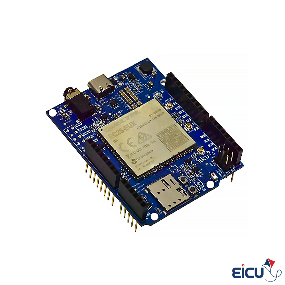 EC25-E Arduino HAT Development Board Supporting LTE Cat 4/GSM/GPRS/GPS/GLONASS/Galileo/QZSS/BeiDou/Bluetooth Side view of EC25-E Arduino HAT Dev Board