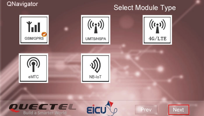 Screenshot of startup screen Select Module type