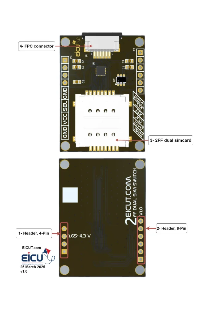 EICUT 2FF dual SIM card switch board—FPC connector, dual 2FF SIM holder, 4-pin and 6-pin headers.