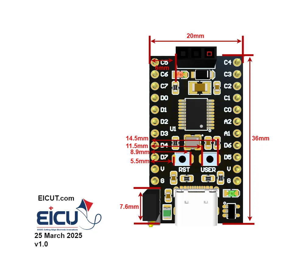 WCH32V DB EICUT CH32V003 mini dev board — mechanical dimensions 36×20 mm with USB-C, buttons, header spacing.