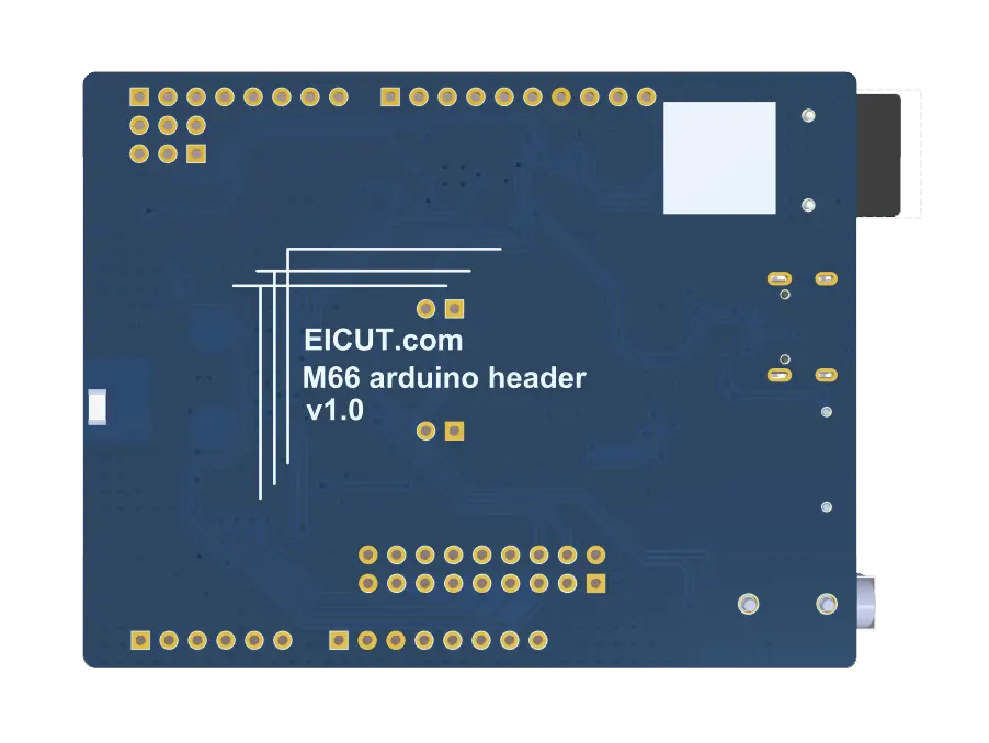M66 Development Board Back of eicut M66 Arduino header v1.0 PCB with routing and through-hole headers
