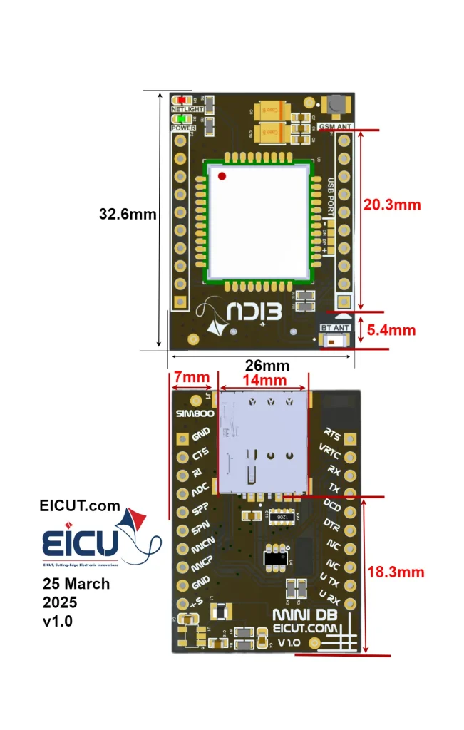 EICUT MINI DB (SIM800) — mechanical dimensions 32.6×26 mm with GSM/BT antenna offsets and SIM spacing.