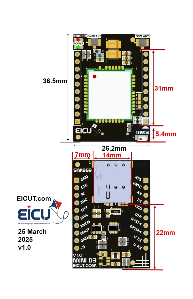 SIM868 Mini DB EICUT SIM868 Mini DB — dimensions 36.5×26.2 mm with GNSS/GSM antenna offsets and SIM spacing.