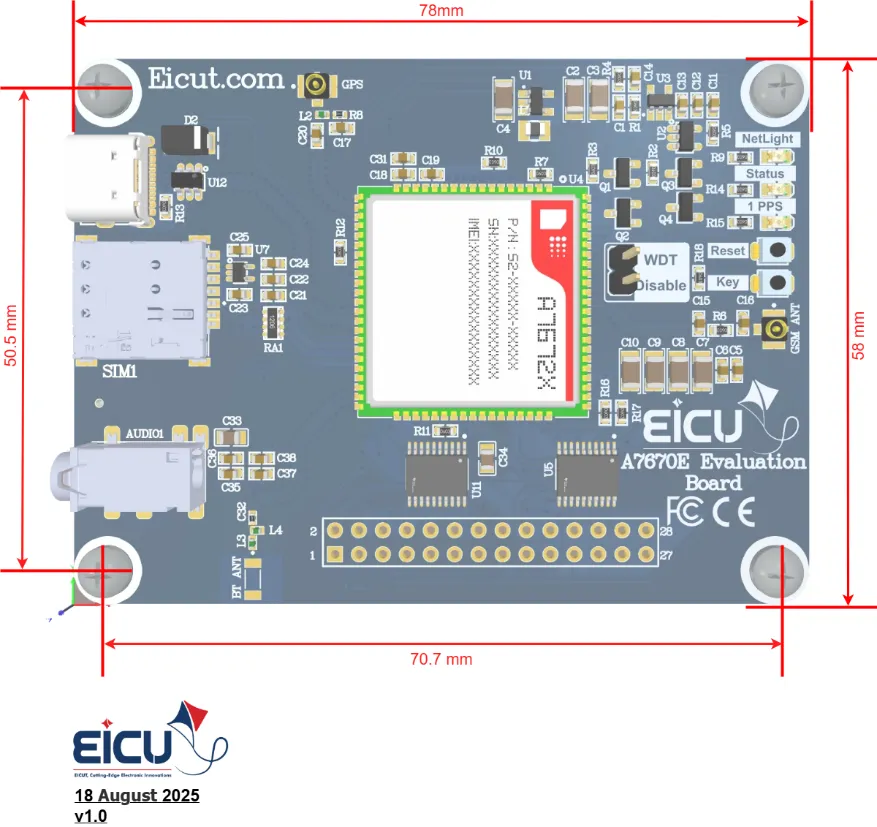 EICUT A7670E evaluation board — mechanical dimensions 78×58 mm with 70.7 mm header span.