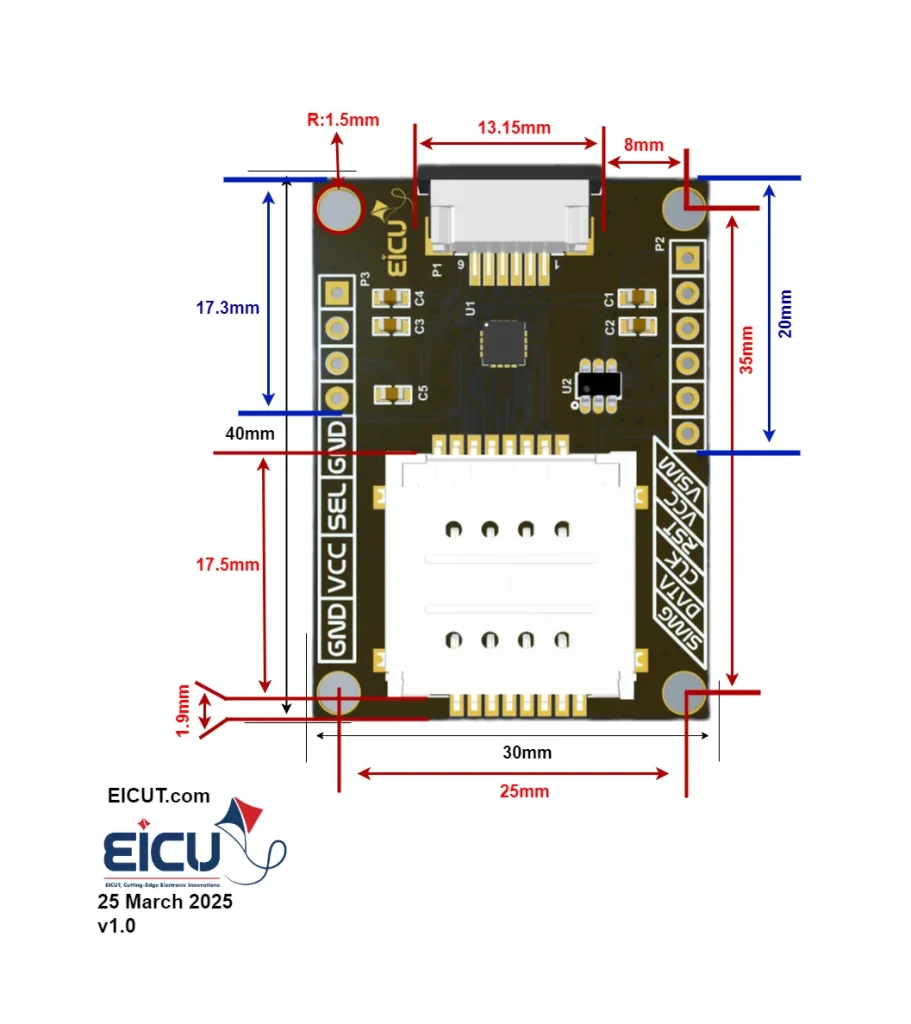 EICUT 2FF dual SIM switch — mechanical dimensions 40×30 mm with FPC connector and mounting-hole (R1.5) offsets.