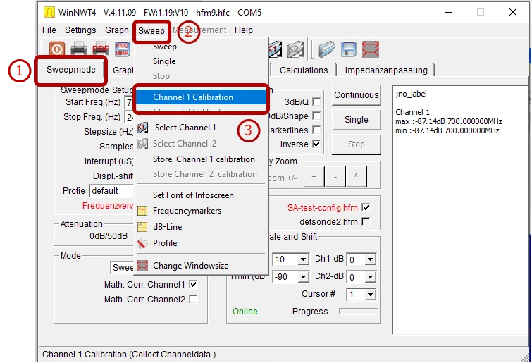 Affordable Antenna Testing with NTW6000 and RF Bridge WinNWT4 Sweep tab screenshot with dropdown menu