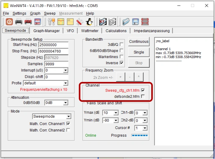 Affordable Antenna Testing with NTW6000 and RF Bridge WinNWT4 Sweep tab screenshot