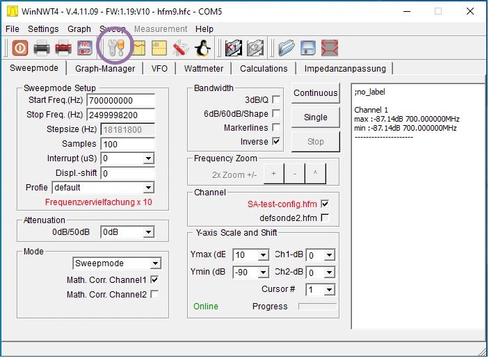 Affordable Antenna Testing with NTW6000 and RF Bridge WinNWT4 Sweep tab screenshot with start frequency set to 70 MHz