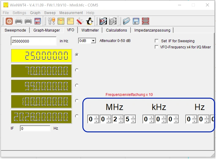 Affordable Antenna Testing with NTW6000 and RF Bridge Screenshot of WinNWT4 VFO tab