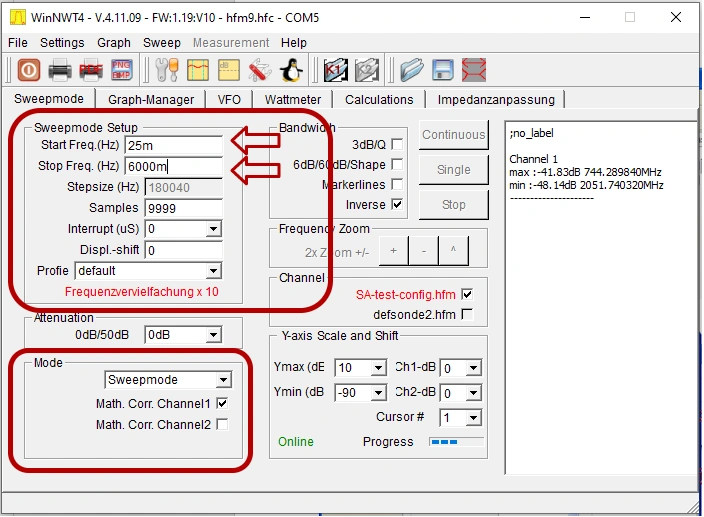 Affordable Antenna Testing with NTW6000 and RF Bridge WinNWT4 Sweep tab screenshot with start frequency
