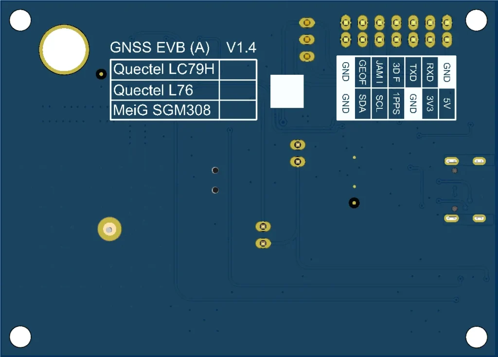 GNSS Evaluation Board Series A EICUT GNSS Evaluation Board Series A bottom view showing compatible GNSS modules Quectel LC79H, L76, and MeiG SGM308 with labeled pin headers.