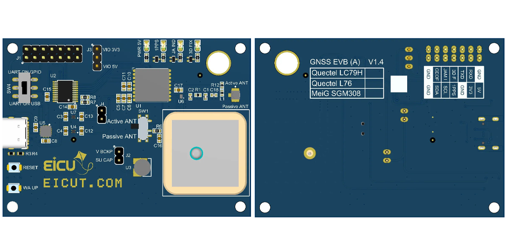 Top and bottom view of GNSS Evaluation Board Series A