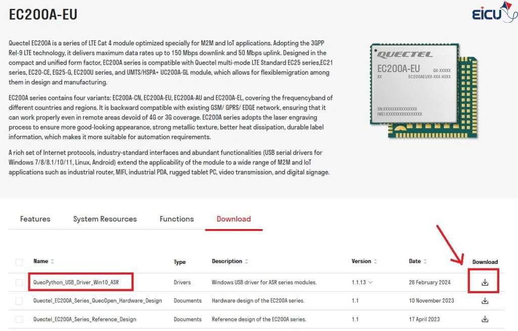 NEXUS EC200A-EU Development Board Quectel EC200A-EU module download page highlighting the QuecPython USB driver – EICUT Wiki
