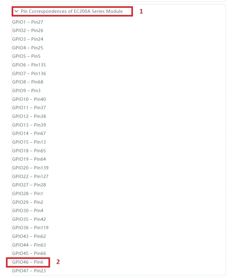 Screenshot of Quectel EC200A pinout