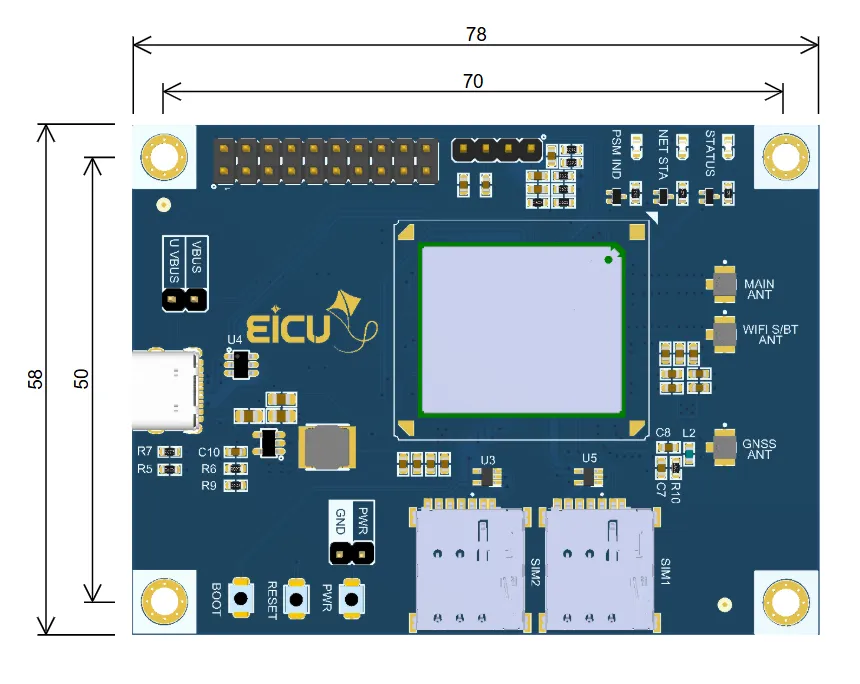 EICUT LTE Evaluation Board Series B dimension diagram showing board width 78mm and height 58mm with component layout.