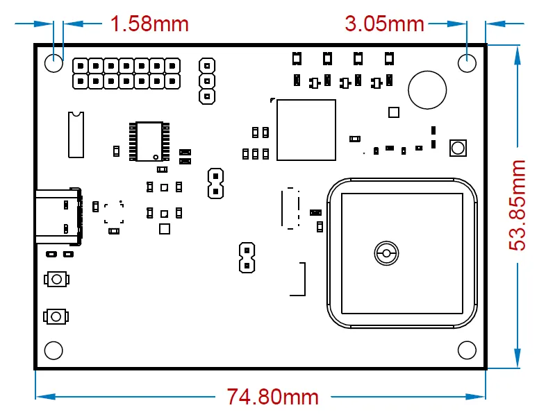 GNSS Evaluation Board Series A EICUT GNSS Evaluation Board Series A mechanical dimensions showing PCB layout with 74.80mm width and 53.85mm height.