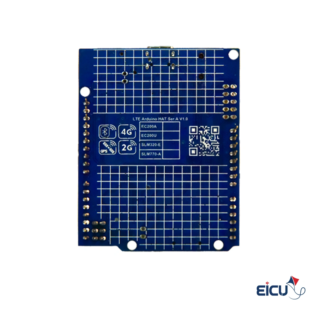 EC200U Arduino Hat Development Board Supporting LTE Cat 1/GSM/GPRS/GPS/GLONASS/Bluetooth Rear view of Quectel EC200U Cat 1 HAT board displaying antenna connectors and USB-C interface