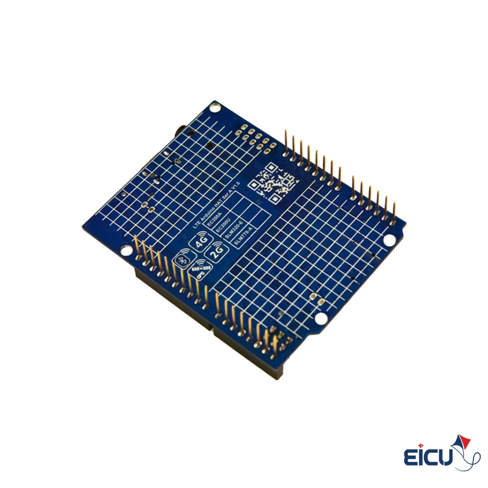EC200U Arduino Hat Development Board Supporting LTE Cat 1/GSM/GPRS/GPS/GLONASS/Bluetooth Rear Angel view of Quectel EC200U Cat 1 HAT board displaying antenna connectors and USB-C interface"