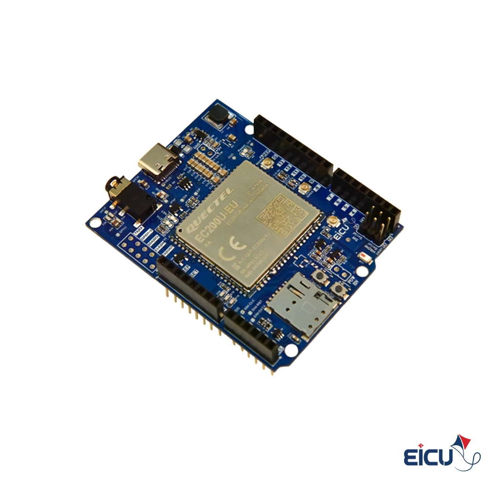 EC200U Arduino Hat Development Board Supporting LTE Cat 1/GSM/GPRS/GPS/GLONASS/Bluetooth Side angle of Quectel EC200U Arduino HAT highlighting U.FL antenna connectors and headers