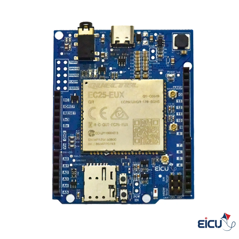 EC25-E Arduino HAT Development Board Supporting LTE Cat 4/GSM/GPRS/GPS/GLONASS/Galileo/QZSS/BeiDou/Bluetooth Front View Quectel EC25-E LTE Cat 4 Arduino HAT