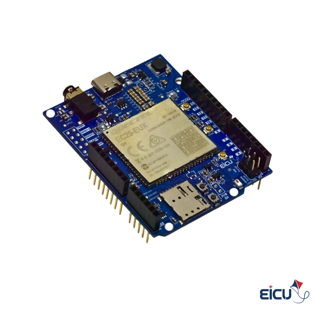 EC25-E Arduino HAT Development Board Supporting LTE Cat 4/GSM/GPRS/GPS/GLONASS/Galileo/QZSS/BeiDou/Bluetooth Side view of Quectel EC25 LTE Cat 4 Arduino shield