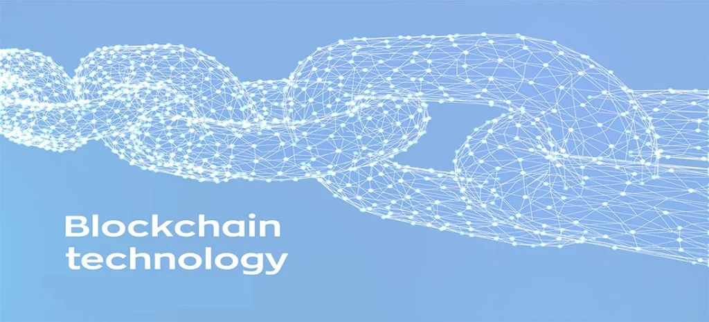 Digital blockchain chain illustration on blue background.