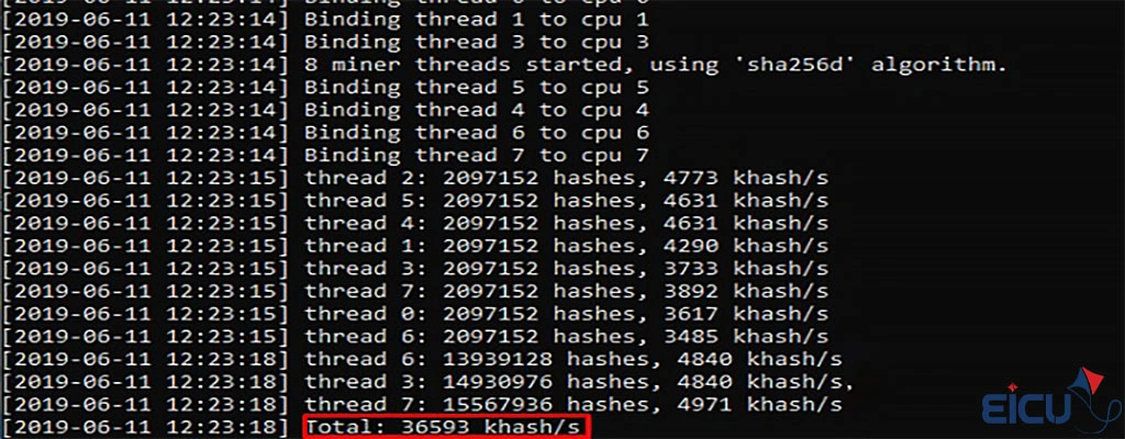 Terminal screenshot of MinerD benchmark on Intel core i7 Gen4