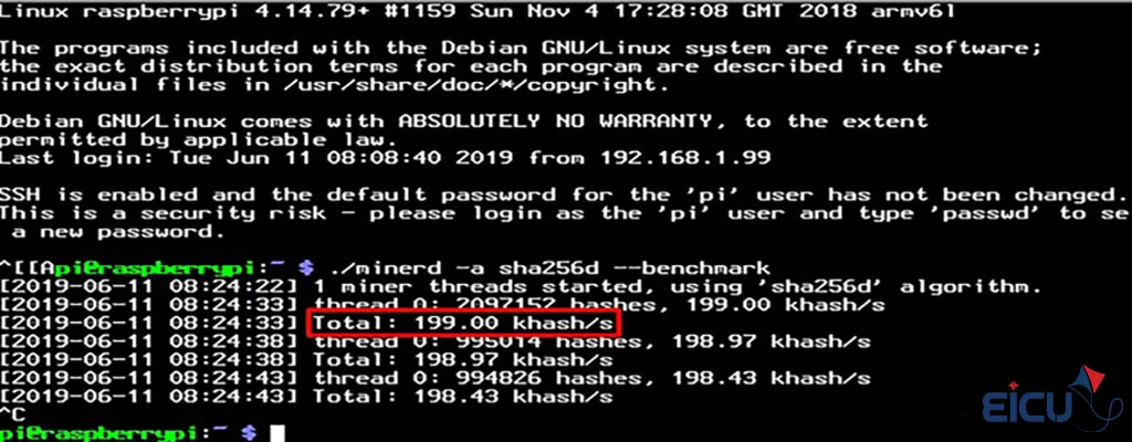 Terminal screenshot of MinerD SHA-256 benchmark on Raspberry Pi