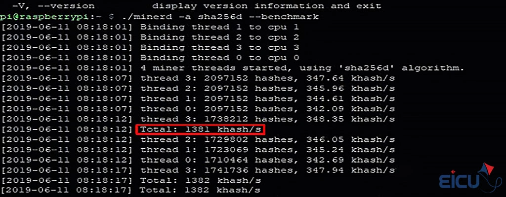 Terminal screenshot of MinerD benchmark on Raspberry Pi 3