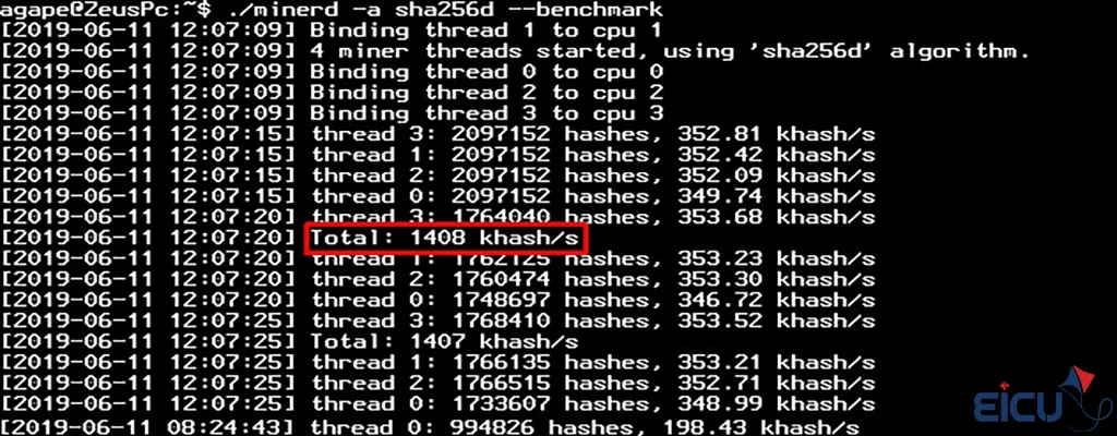 Terminal screenshot of MinerD benchmark on Orange Pi One