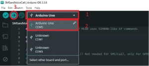 Arduino IDE Tools menu – selecting correct COM port after connecting EC200U LTE Arduino shield via USB-C