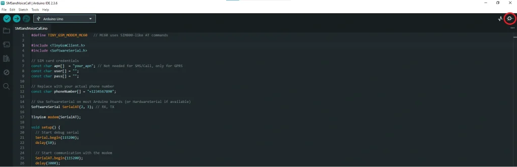 Arduino IDE Serial Monitor showing Quectel EC200U successfully registering to network, sending SMS and making voice call
