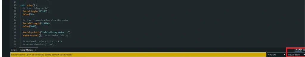 Arduino IDE Serial Monitor configured for Quectel EC200U LTE Cat 1 HAT – 115200 baud rate and "New line" setting required to see AT commands and debug output