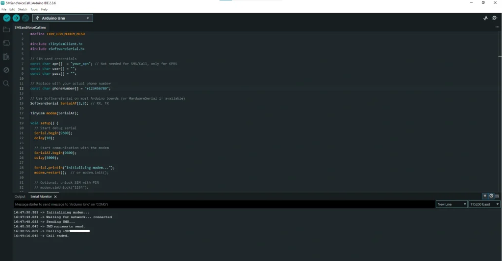 Complete working Arduino sketch for Quectel EC200U using TinyGSM + SoftwareSerial – sends SMS and makes voice call