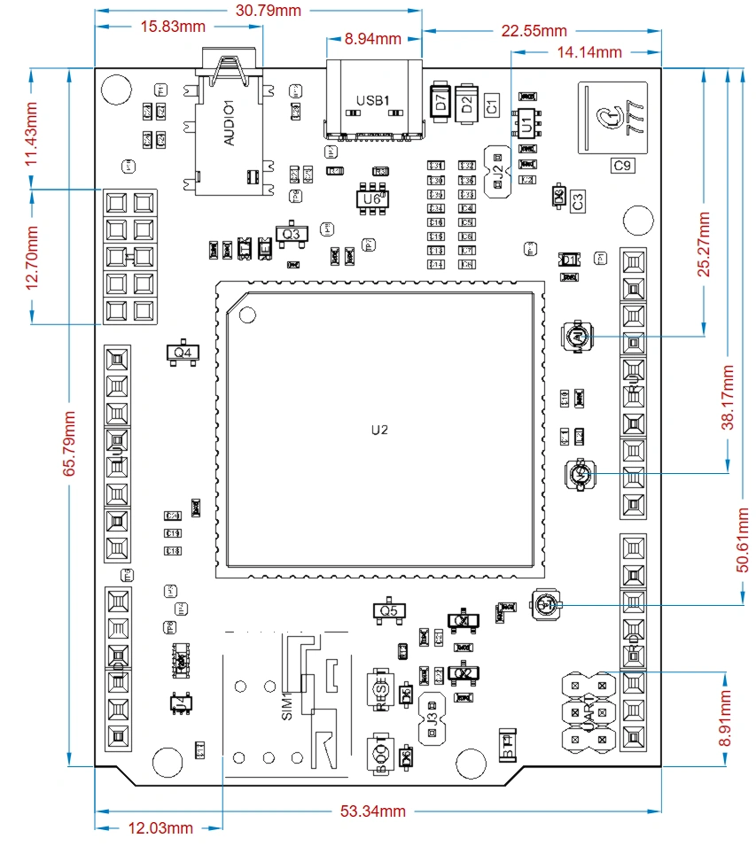 Quectel EC200U Arduino HAT dimension diagram
