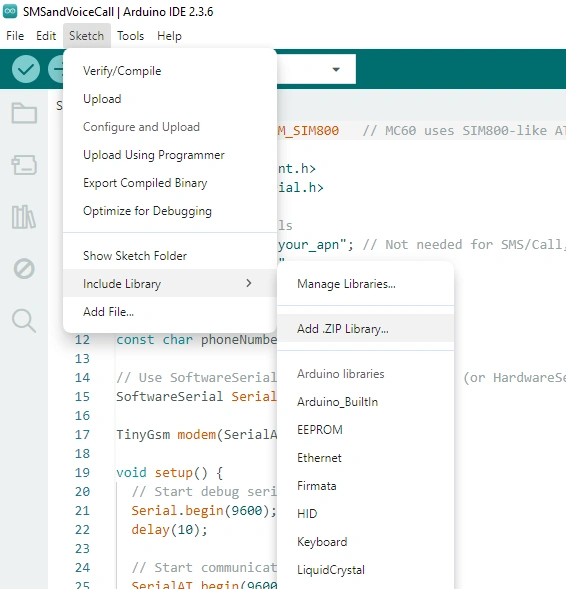 Arduino IDE code screenshot for Quectel EC200U HAT