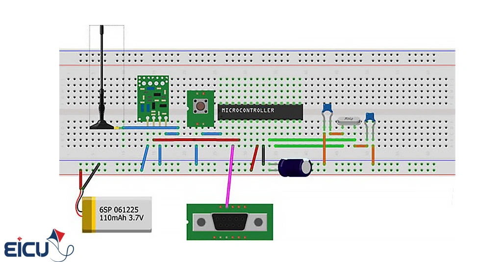 RF remote control circuit assembled on breadboard