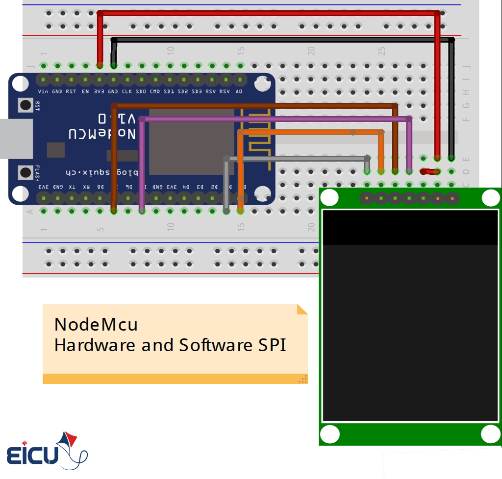 NodeMCU ESP8266 wired to TFT LCD on breadboard