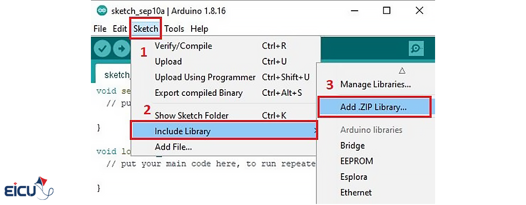 Screenshot of Arduino IDE menu showing Sketch
