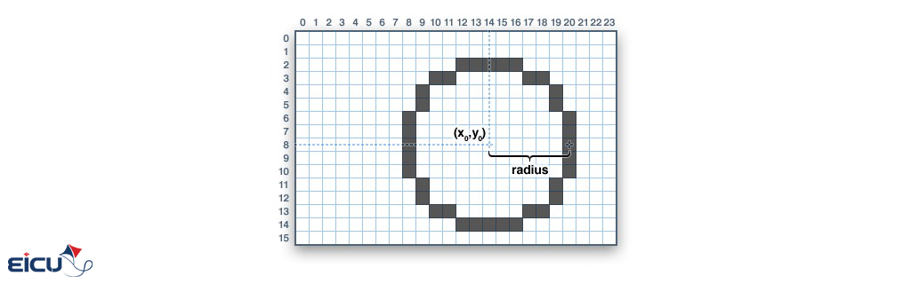 Grid diagram showing a filled circle