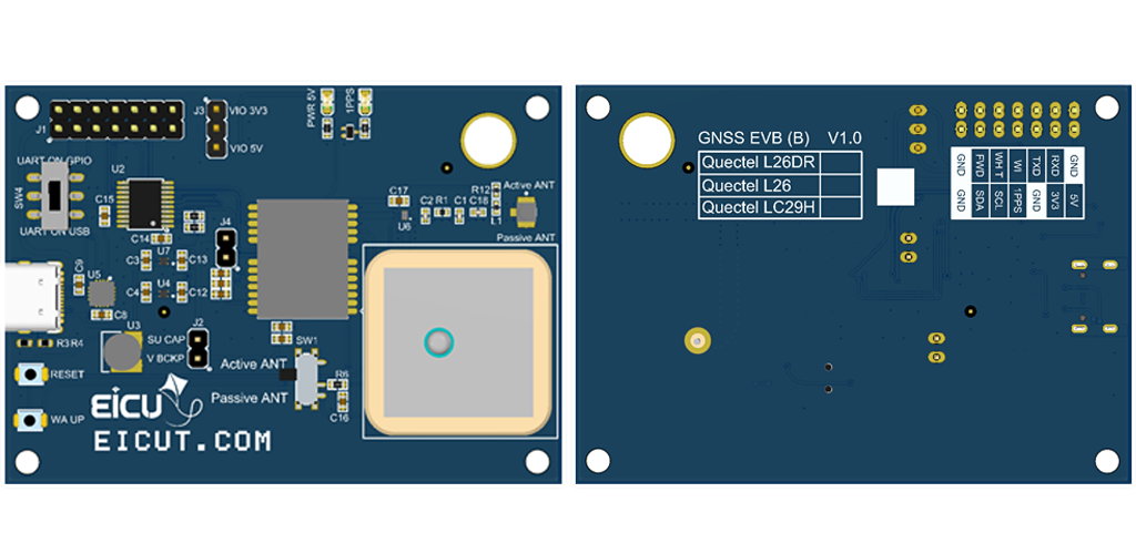 Top and bottom view of GNSS Evaluation Board Series B